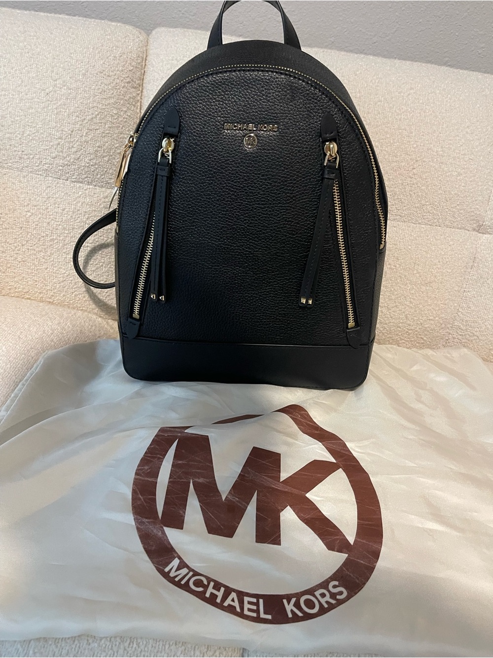 Michael Kors Black Pebble Leather Medium Backpack with Gold Hardware